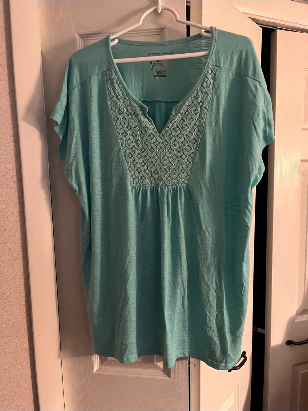 Just My Size Light Aqua Crochet Yoke Tunic Top